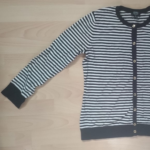 Jones New York Black/White Stripe Long Sleeve Button Up Soft Cardigan Large - Picture 2 of 7
